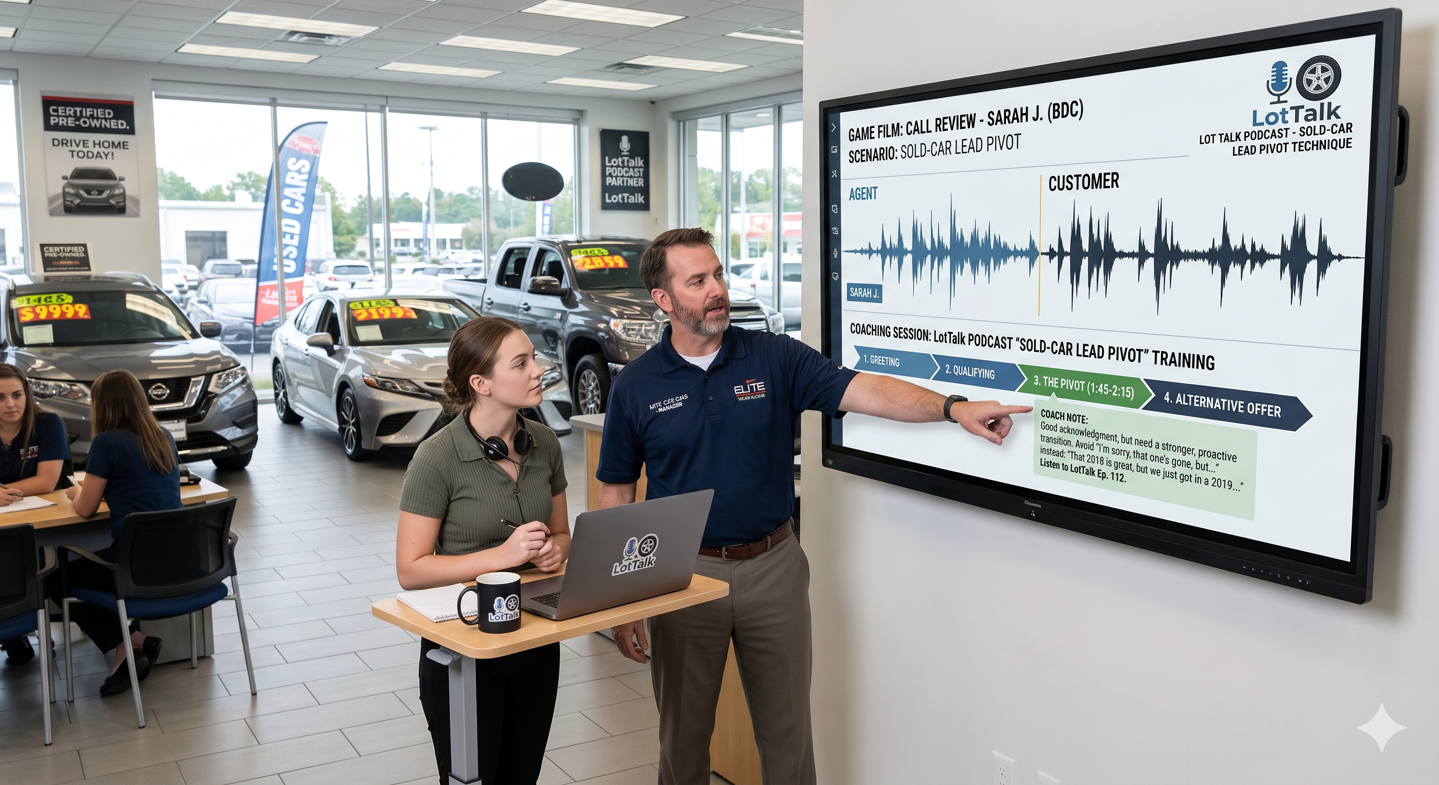 Used car manager reviewing sales call game film with a BDC rep on a dealership showroom monitor — LotTalk podcast sold-car lead pivot training